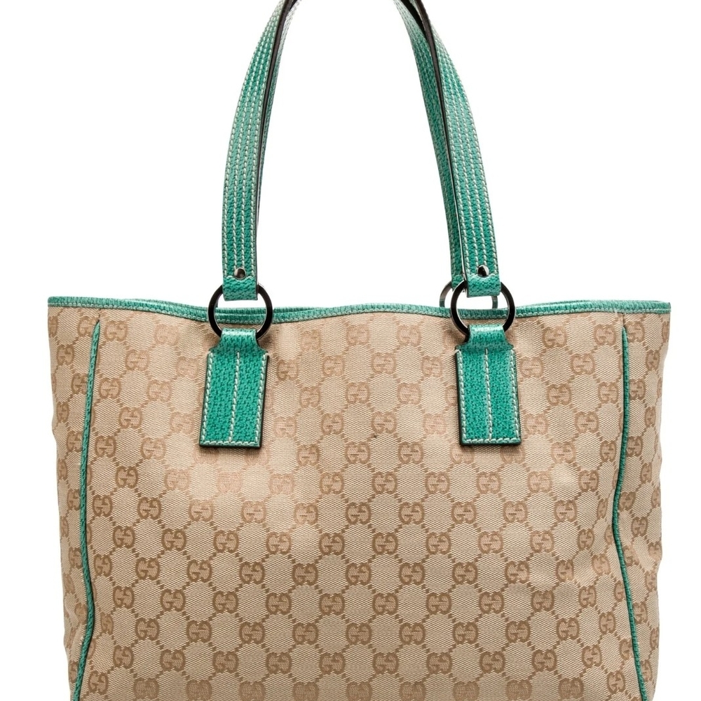Gucci Cream and Green Tote Bag with Monogram Design